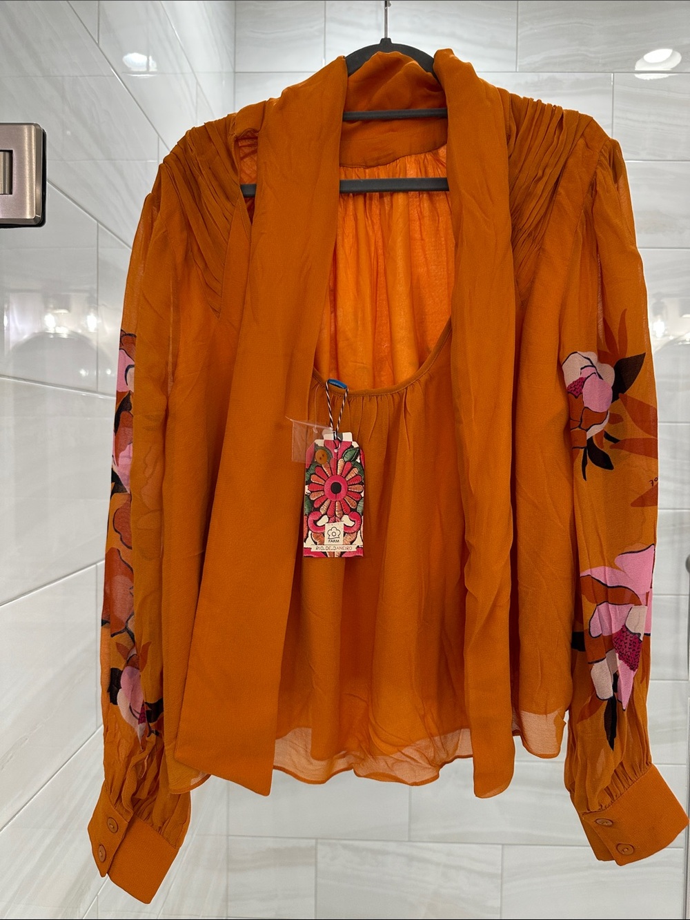 FARM Rio Orange Floral High-Neck Blouse with Pink Flowers - Picture 3 of 4